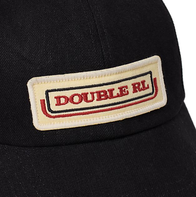 RRL- Cotton 3x1 RHT Denim "Double RL" Logo Trucker Hat w/ Mesh Back Panels - close up on logo