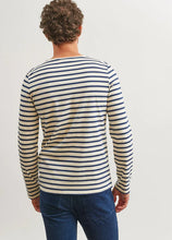 Load image into Gallery viewer, Model wearing Saint James - Minquiers Modern Men's Striped Sailor Shirt in Ecru/Marine - back.