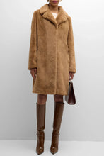 Load image into Gallery viewer, Model wearing Herno Women's Soft Faux Fur Long Coat in Camel.