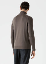 Load image into Gallery viewer, Model wearing Sunspel - Merino Roll Neck Jumper in Cedar - back.