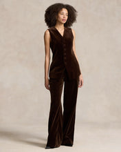 Load image into Gallery viewer, Model wearing Polo Ralph Lauren - Long Velvet Vest in Circuit Brown.