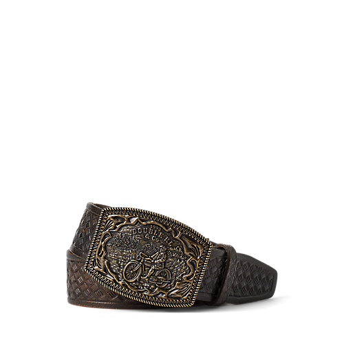 RRL - Leather/Brass Motorcycle Graphic Wesley Belt in Black/RRL Vintage Brass.