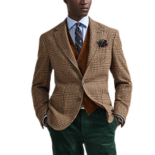 Load image into Gallery viewer, Model wearing POLO Ralph Lauren - Single Breasted Large Glenplaid Polo Yale Sportcoat in Tan/Multi.