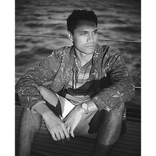 Load image into Gallery viewer, Model wearing RRL - Indigo Print Woven Overshirt in Indigo/White Multi.