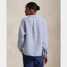 Load image into Gallery viewer, Model wearing Polo Ralph Lauren - Wide Cropped Striped Linen Shirt in White/Blue - back.