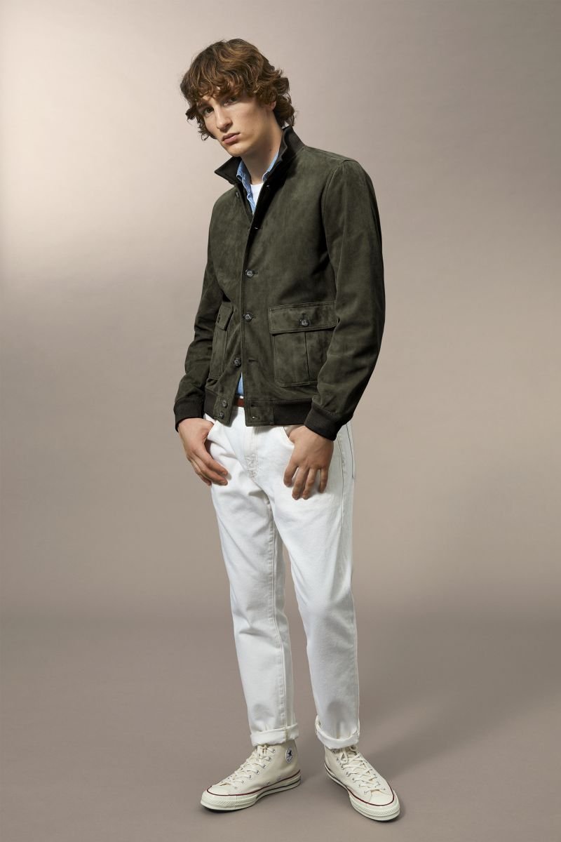 Model wearing Valstar Suede Bomber Jacket in Muschio.