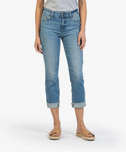 Load image into Gallery viewer, Model wearing Kut From The Kloth - Amy Crop Straight Leg Roll-Up KP0216MD5 in Lucky w/Med base wash.