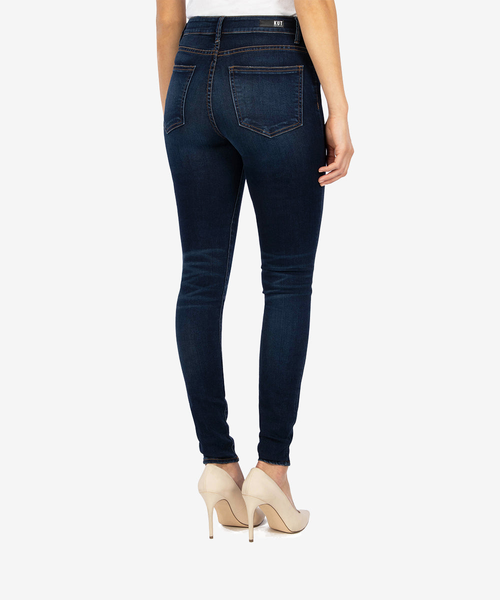 Model wearing KUT from the Koth Mia High Rise Toothpick Skinny Jean in Endless.