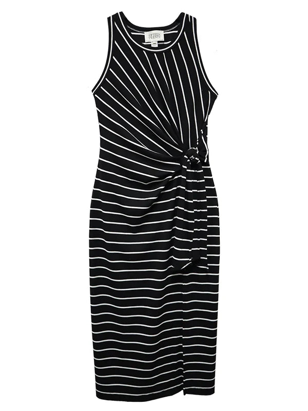 Fifteen Twenty - Maddie Side Knot Midi Dress in Stripe Blk/White.