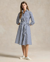 Load image into Gallery viewer, Model wearing Polo Ralph Lauren - Belted Wide-Stripe Cotton Shirtdress in Navy/White.
