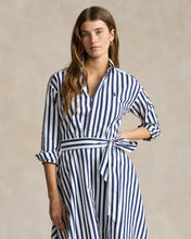 Load image into Gallery viewer, Model wearing Polo Ralph Lauren - Belted Wide-Stripe Cotton Shirtdress in Navy/White.
