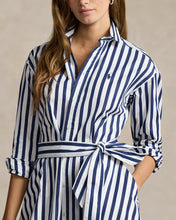 Load image into Gallery viewer, Model wearing Polo Ralph Lauren - Belted Wide-Stripe Cotton Shirtdress in Navy/White.
