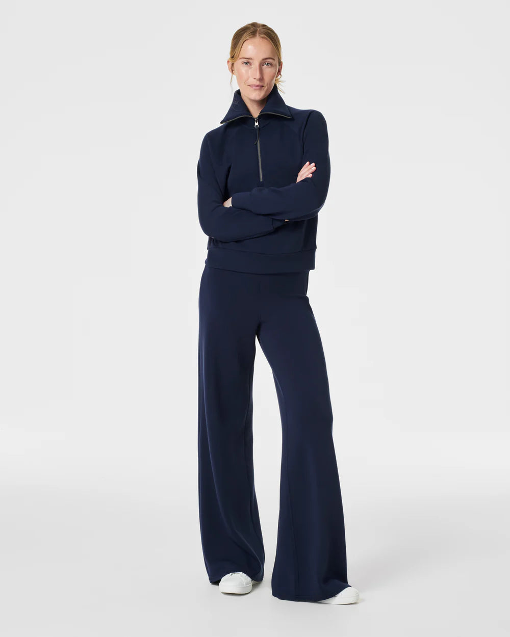 Model Wearing Spanx - Air Essentials Wide Leg Pant - Timeless Navy.