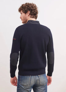 Model wearing Saint James - Navigateur Zip Cardigan in Navy - back.