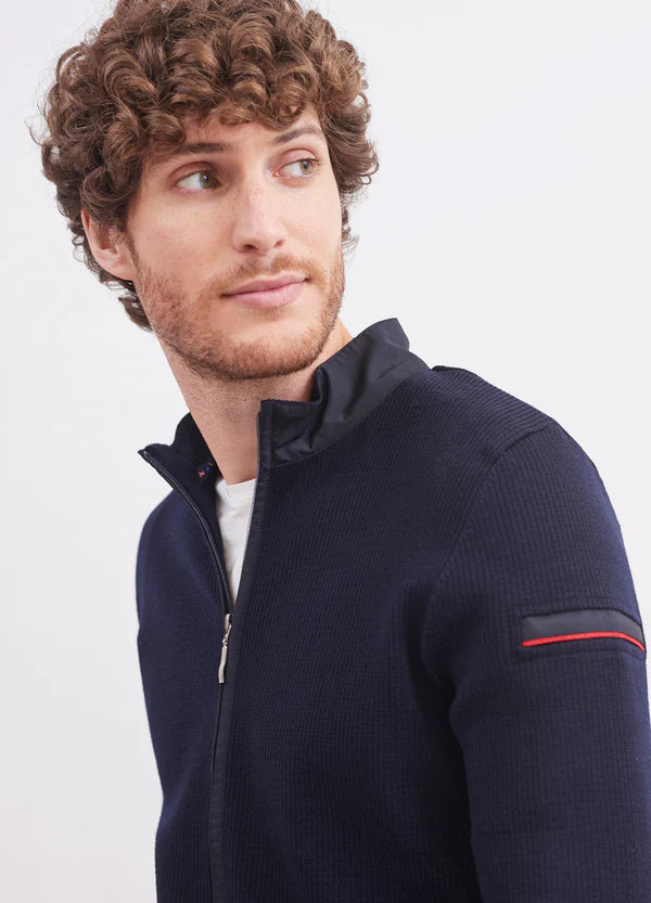 Model wearing Saint James - Navigateur Zip Cardigan in Navy.