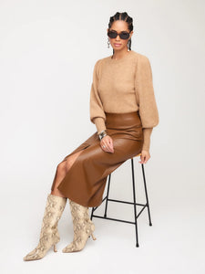 Model wearing Fifteen Twenty - Lia Shirred Sleeve Sweater in Almond.