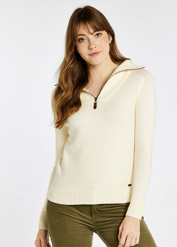 Model wearing Dubarry Rosmead Sweater in Chalk.