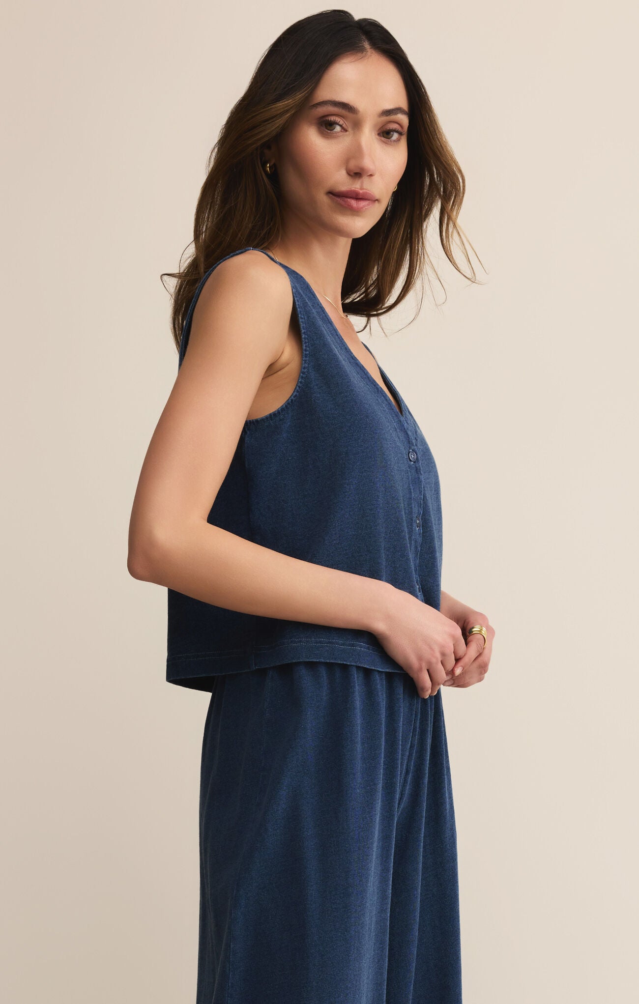 Model wearing ZSupply Solace Jersey Denim Top Indigo.