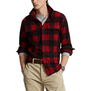 Model wearing POLO Ralph Lauren - L/S Knit Flannel Sportshirt - Plaid in Red/Polo Black.