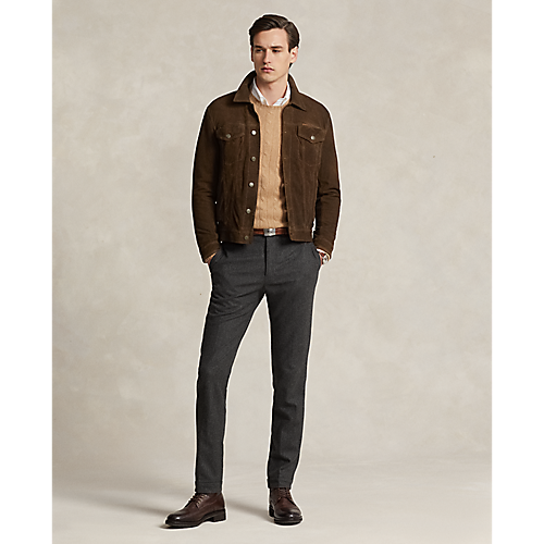 Model wearing POLO Ralph Lauren - Original Label RL Icon Goat Suede Trucker Jacket in Tobacco.