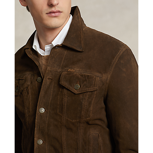 Model wearing POLO Ralph Lauren - Original Label RL Icon Goat Suede Trucker Jacket in Tobacco.