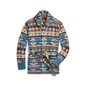RRL - L/S Cotton/Linen/Silk Ranch Shawl Cardigan Sweater w/ Belt in Blue Multi.