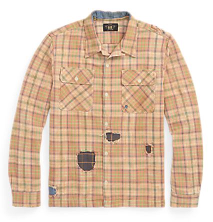 RRL - LS Cotton Twill Plaid Carter Camp Shirt w/ Patch Repairs