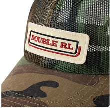 Load image into Gallery viewer, RRL- Cotton Camo Printed &quot;Double RL&quot; Logo Trucker Hat w/ Mesh Back Panels - close up on logo
