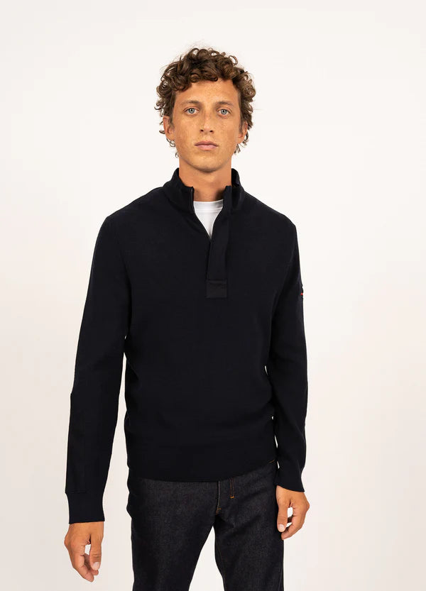 Model wearing Saint James - Loup de Mer II in Navy.