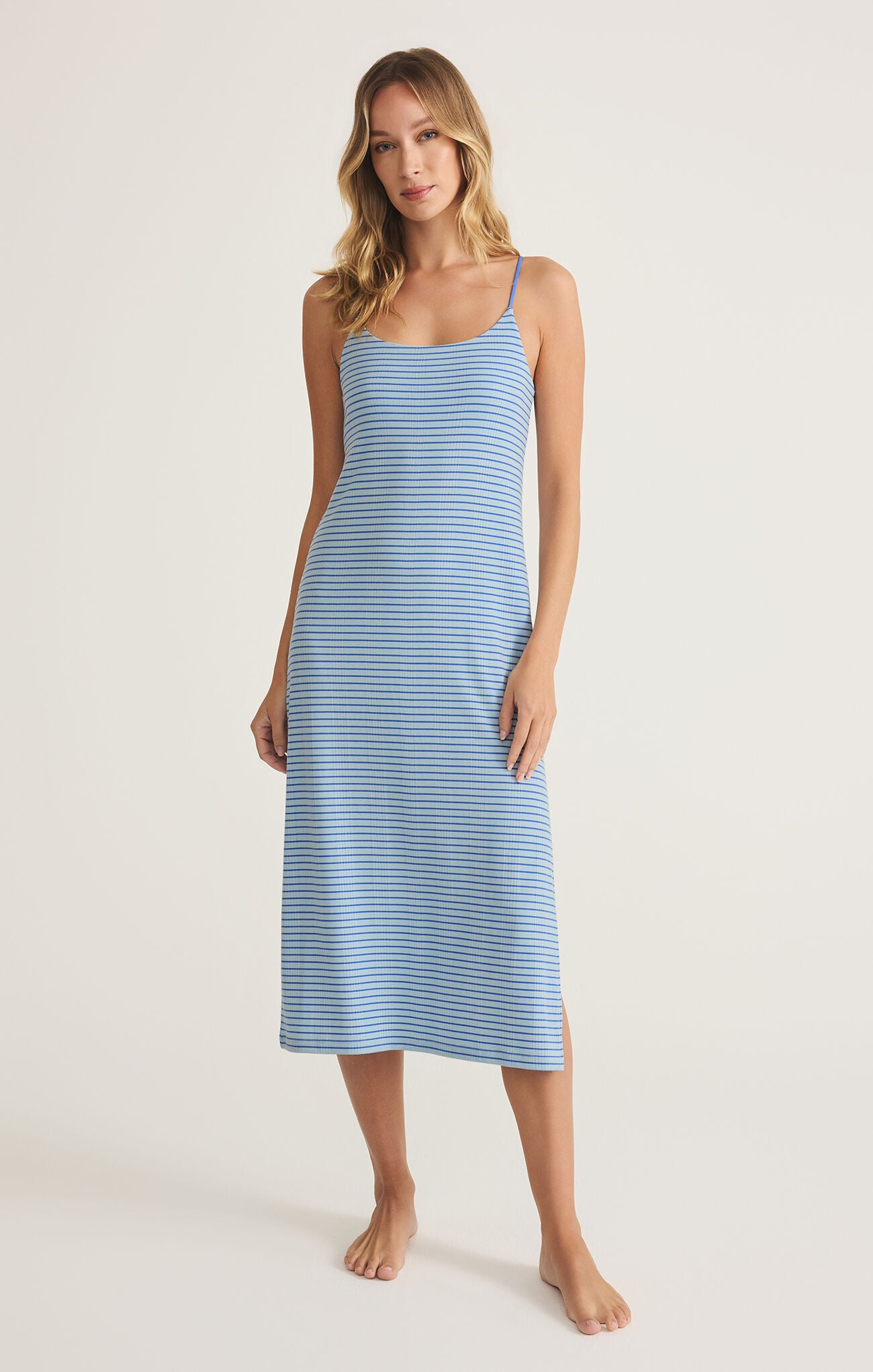 Model wearing ZSupply Sunday Rib Dress in Salt Water.