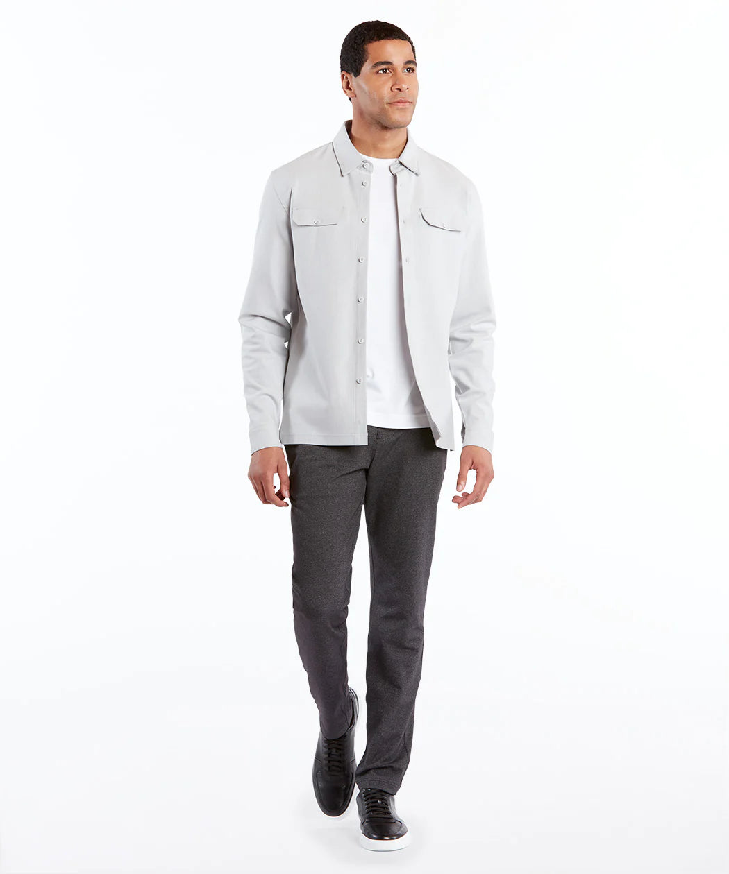 Model wearing Public Rec - All Day Every Day 5-Pocket Pant in Heather Charcoal.