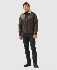 Model wearing Rodd & Gunn - Arrowtown Shearling Leather Jacket in Mocha.