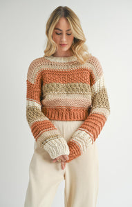 Model wearing Sadie & Sage - Butter Pecan Chunky Sweater Brick Multi.