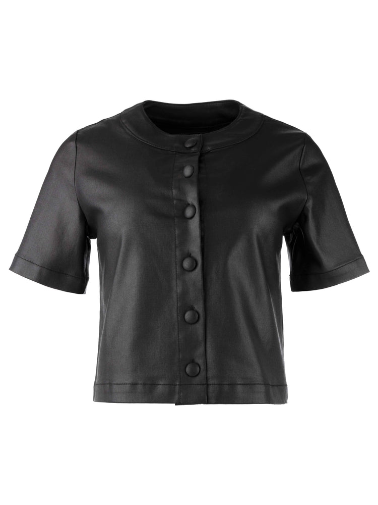 Kut from the Kloth - Esmeray SS Crew Neck Faux Leather Shirt in Black.