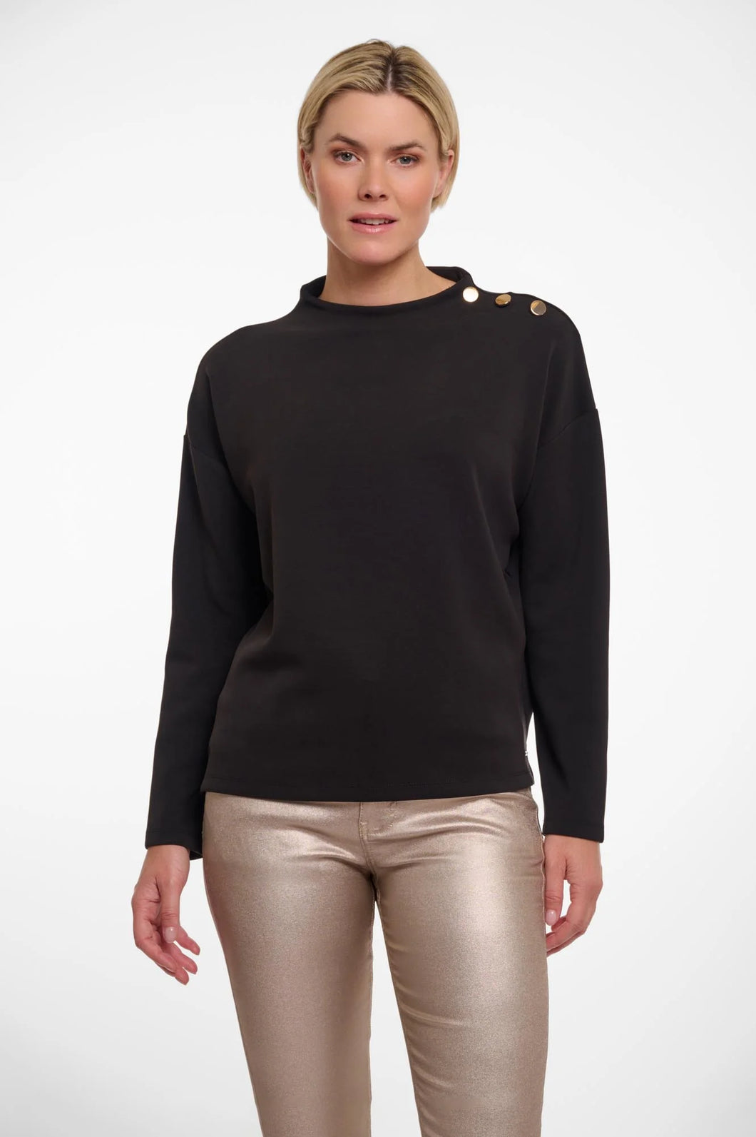 Model wearing Rino & Pelle - Hanne Mock Neck Scuba Top in Black.