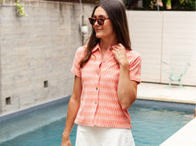 Load image into Gallery viewer, Model wearing Criquet - Women&#39;s Terrycloth Button Up in Check Jacquard - Coral.
