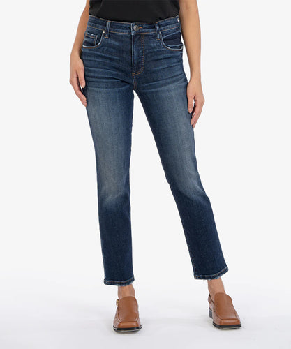 Model wearing  KUT From The Kloth Reese High Rise FAB AB Ankle Straight Reg Hem Jean KP1610MB3 in Enchantment.
