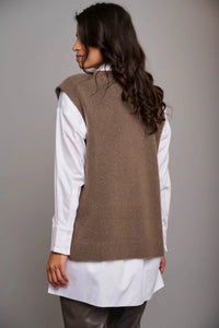 Model wearing Rino & Pelle - V-Neck Sweater Vest in Taupe - back.