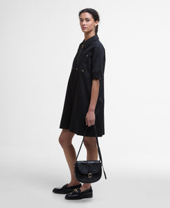 Model wearing Barbour Ettie Mini Dress in Black.