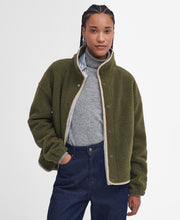 Load image into Gallery viewer, Model wearing Barbour Violetta Fleece in Dark Moss.
