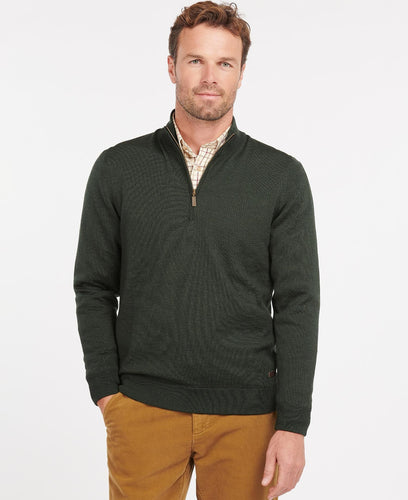 Model wearing Barbour Gamlin Half Zip Sweater Olive.