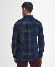 Load image into Gallery viewer, Model wearing Barbour Southfield Tailored Checked Cord Shirt in Inky Blue - back.
