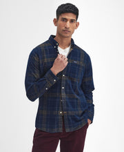 Load image into Gallery viewer, Model wearing Barbour Southfield Tailored Checked Cord Shirt in Inky Blue.
