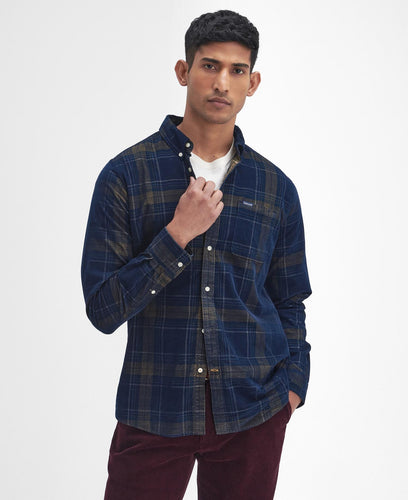 Model wearing Barbour Southfield Tailored Checked Cord Shirt in Inky Blue.