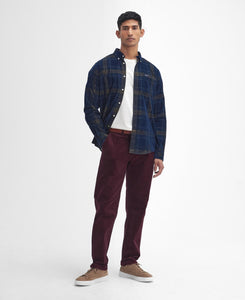 Model wearing Barbour Southfield Tailored Checked Cord Shirt in Inky Blue.