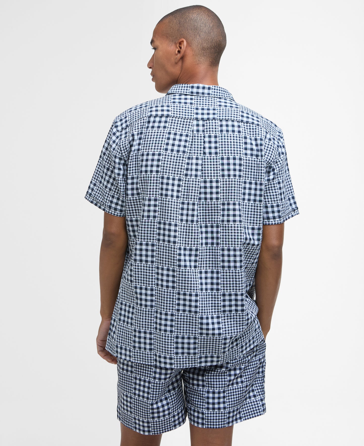 Model wearing Barbour Willowbeach Summer Fit Shirt in Navy - back.