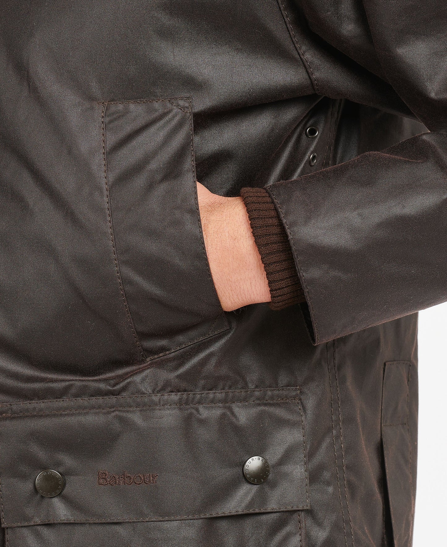 Model wearing Barbour Bedale Wax Jacket in Rustic.