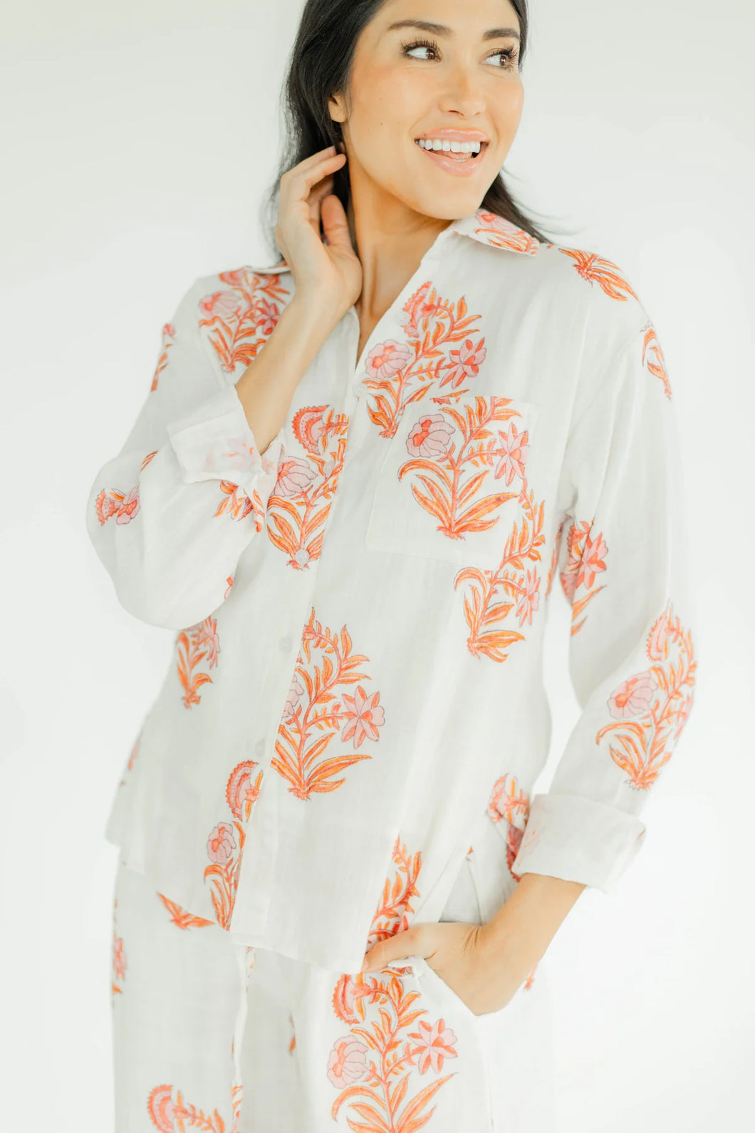 Model wearing Victoria Dunn - Millie Blouse in Emberglow.