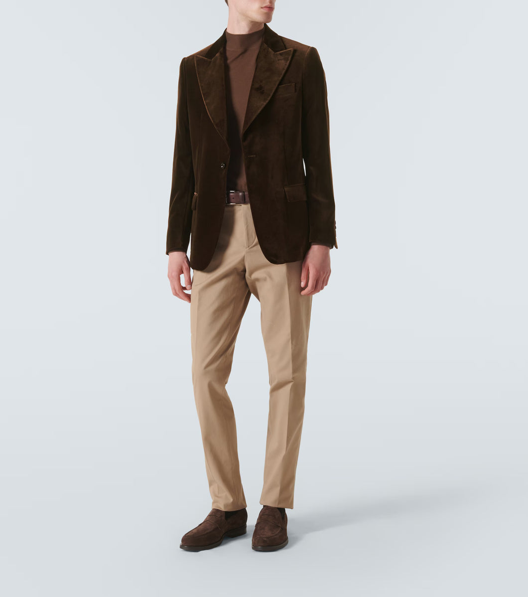 Model wearing Lardini - Velvet Single-Breasted Blazer in Chocolate.