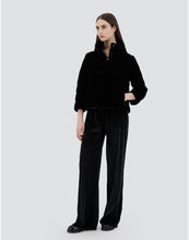 Load image into Gallery viewer, Model wearing Herno Women&#39;s Marbled Velvet Jacket w/ 3/4 Sleeves &amp; Knit Gloves in Black.
